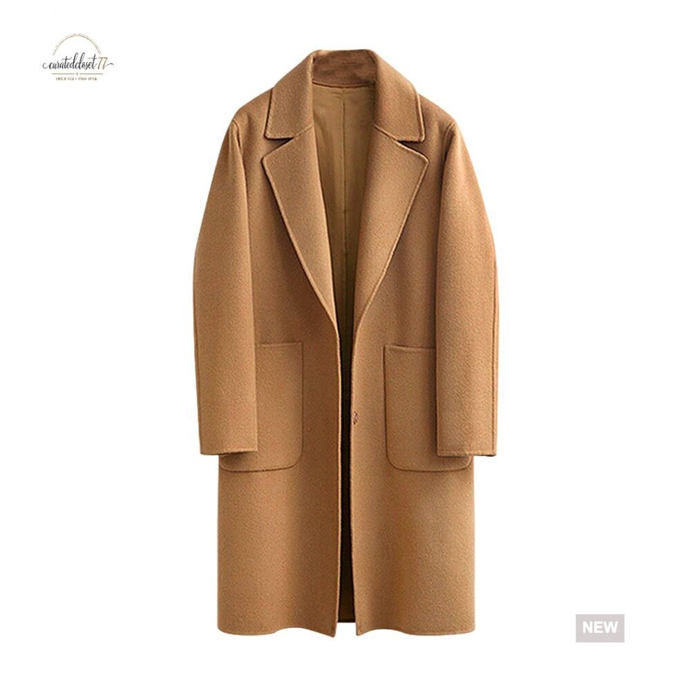 Women's Wool Blend Trench Coat with Notch Lapel and Pockets